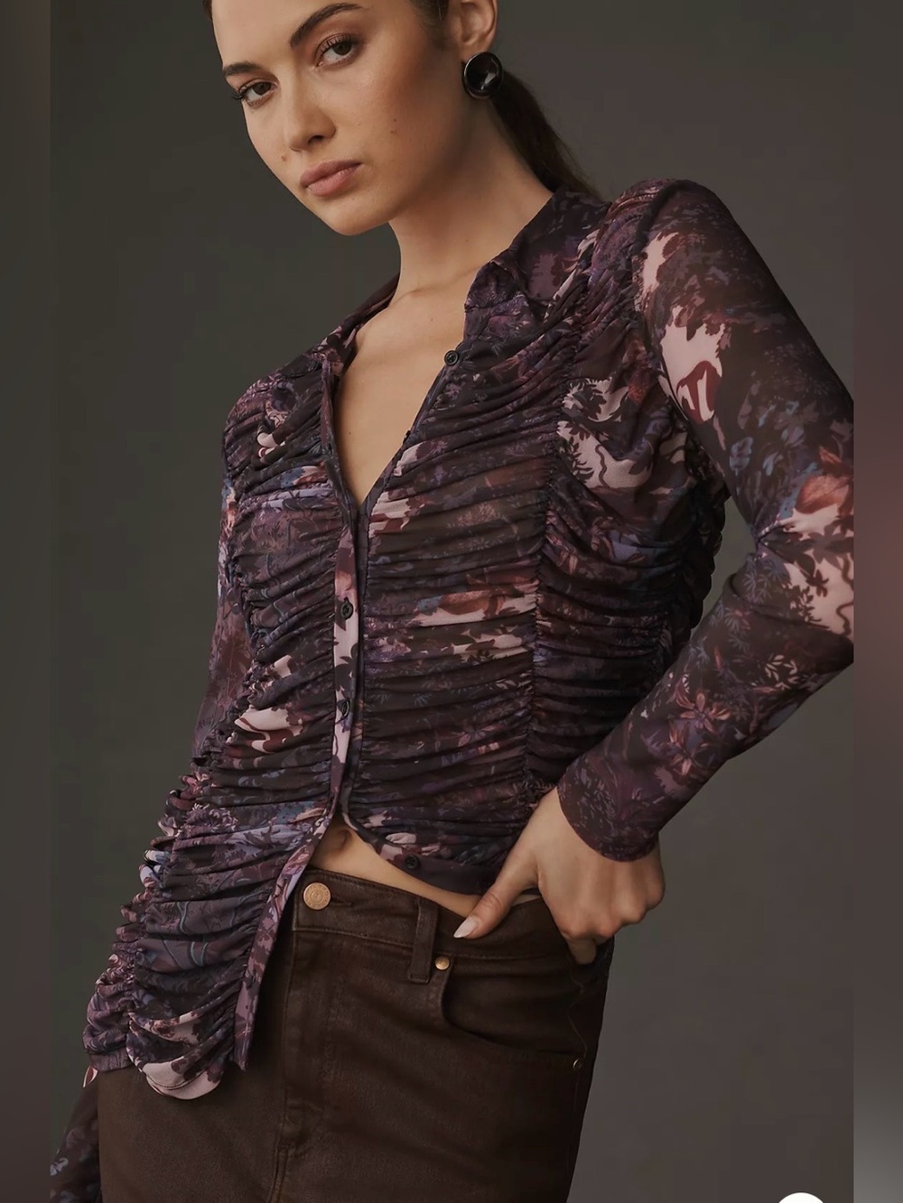 Pilcro Ruched Floral Button-Down Top in Plum and Pink